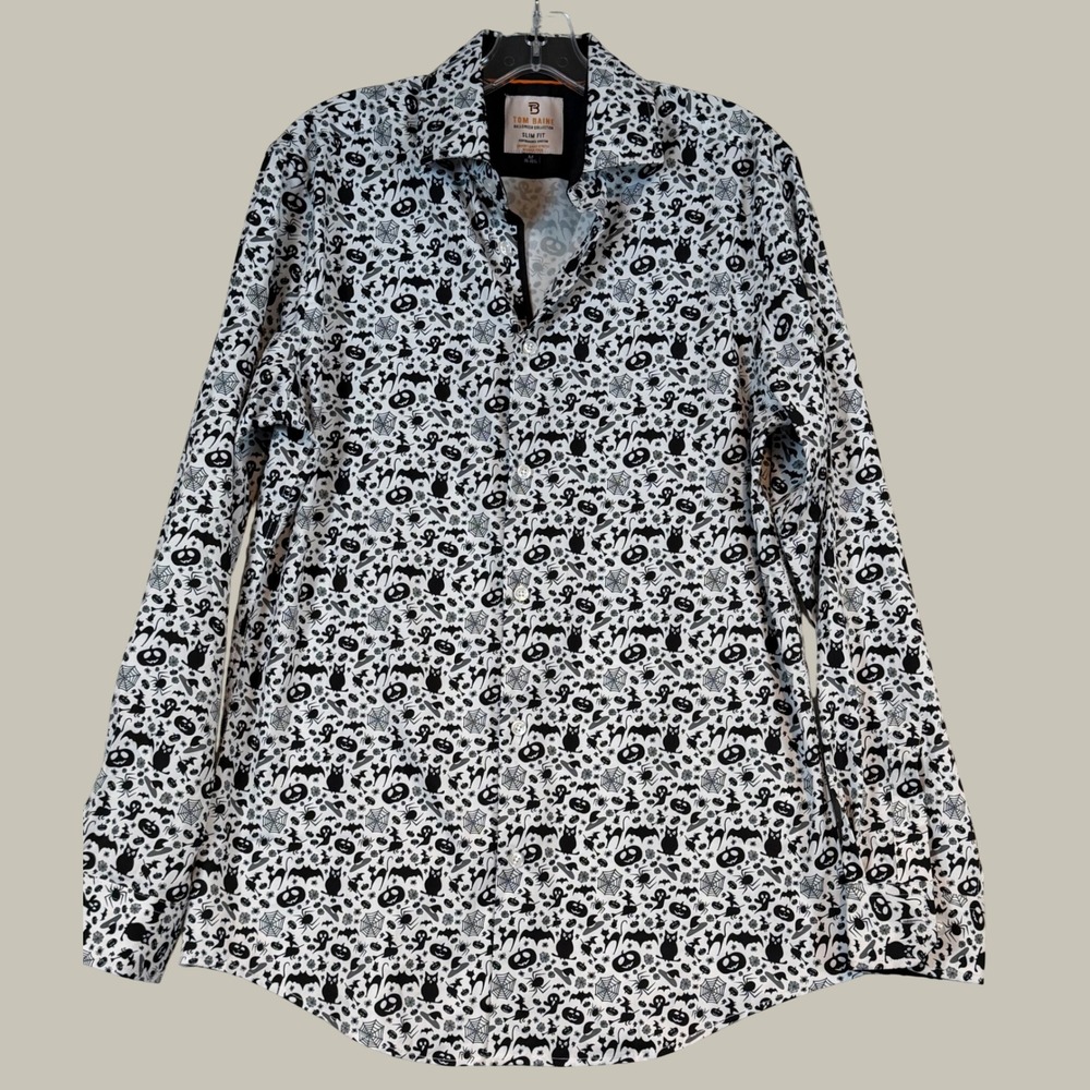 Tom Baine Mens Halloween Slim Fit Performance Shirt Black White Pumpkin Bat Med.